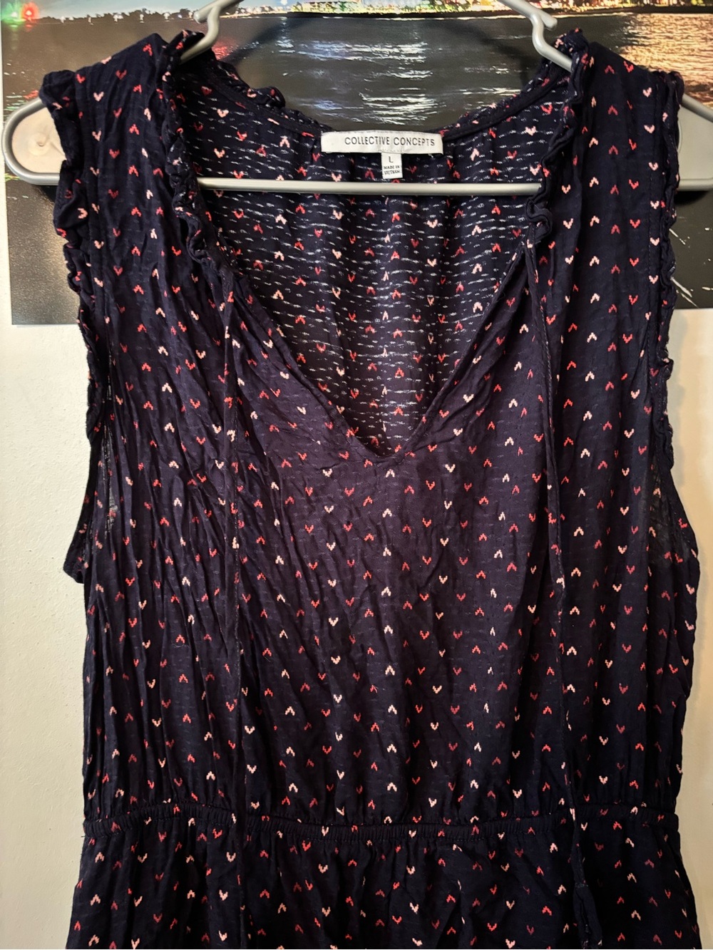Collective Concepts Navy Sleeveless V-Neck Tank with Pink Heart Print